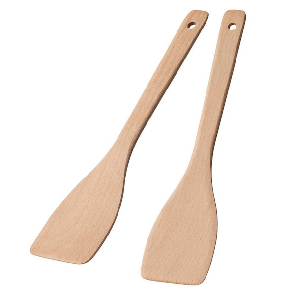 Beech Wood Natural Finish Cooking Utensils Non-Scratch Flat Spatula Set with Long Handle 2-Piece