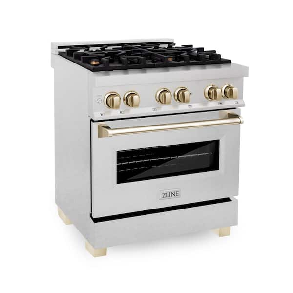 ZLINE Kitchen and Bath Autograph Edition 30 in. 4 Burner Dual Fuel Range in Fingerprint Resistant Stainless Steel and Polished Gold