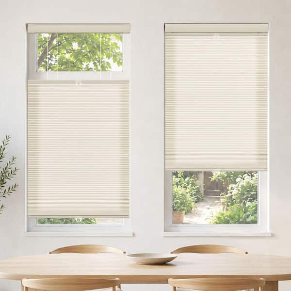 EZ Grip No Drill No Tool Beige Cordless Light Filter Top Down Bottom Up Polyester 3/8” Cellular Shades-28 in W x 48 in L