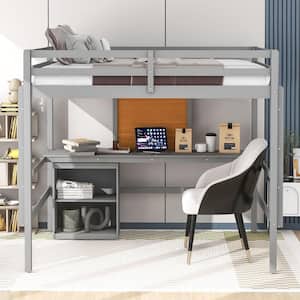 Full Size Plywood Loft Bed with Desk, Writing Board and 2 Drawers Cabinet, Gray