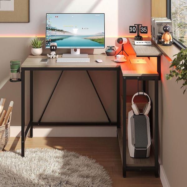 42 in. L-Shaped Wash Walnut Reversible Gaming Desk LED Computer Desk with Storage Monitor Stand and Headset Hooks