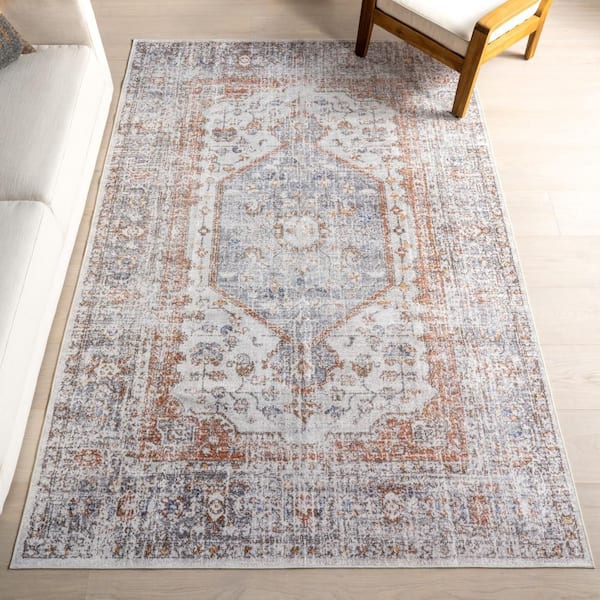 Vintage Medallion Spill Proof Washable Light Grey 6 ft. x 9 ft. Indoor Area Rug