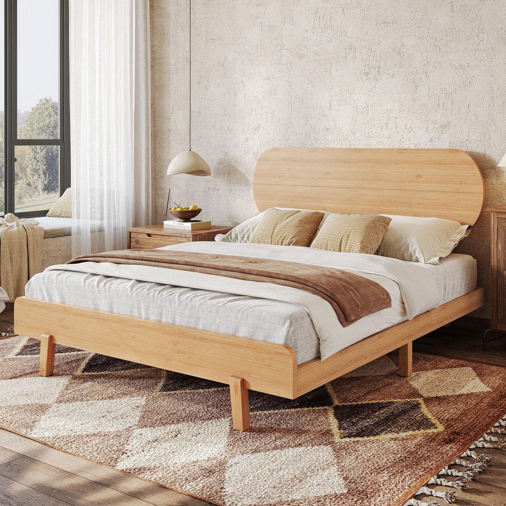 Harper & Bright Designs Natural Yellow Solid Bamboo Bed Frame