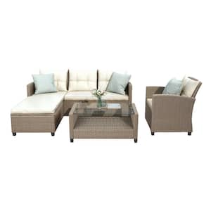 Outdoor, Patio Furniture Sets, 4 Piece Conversation Set Wicker Ratten Sectional Sofa with Cushions Beige
