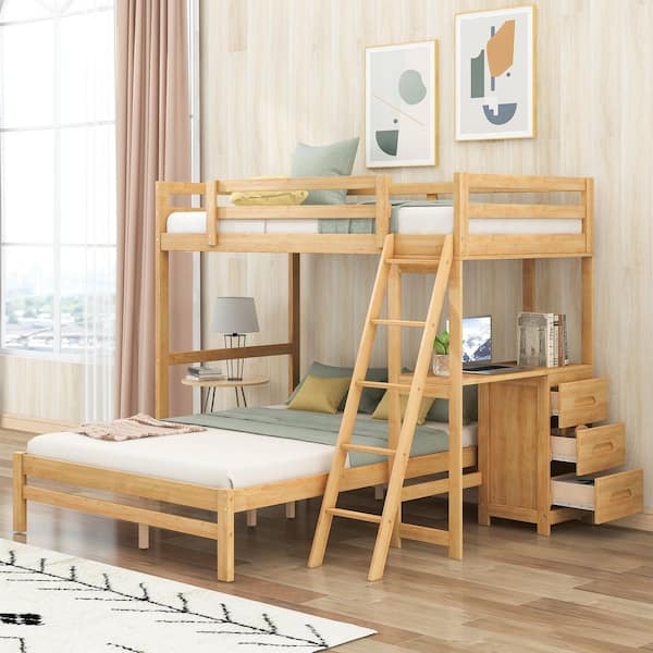 Polibi Twin Over Full Bunk Bed with Built-in Desk and 3 Drawers, Natural