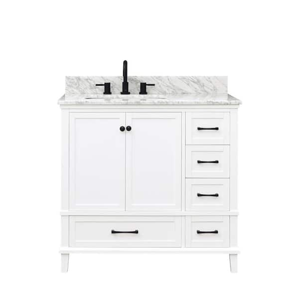 Merryfield 37 in. Single Sink White Bath Vanity with White Carrara Marble Top (Assembled)