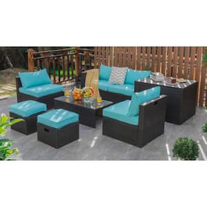 8-Piece Wicker Patio Conversation Space-Saving Set with Turquoise Cushions, Storage Box and Waterproof Cover