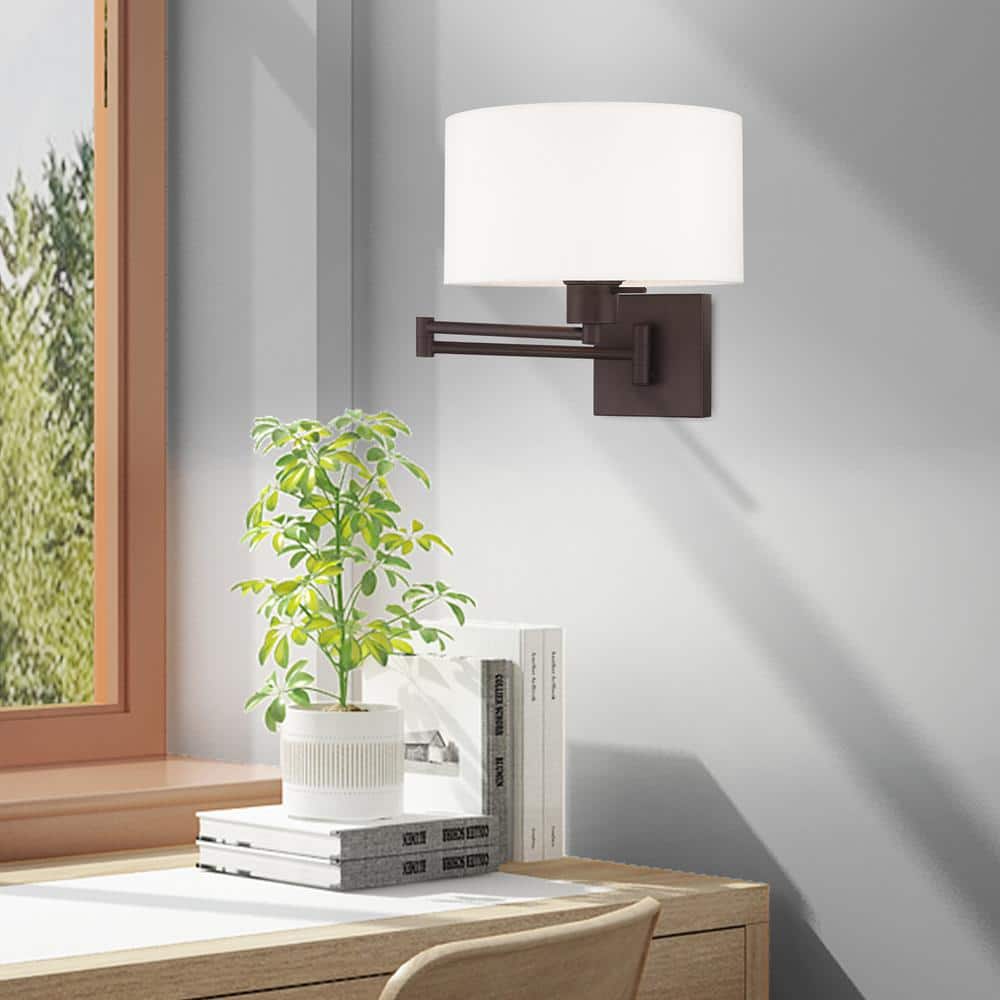 Transitional Bronze Swing Arm Wall Lamp with Off-White Fabric Shade