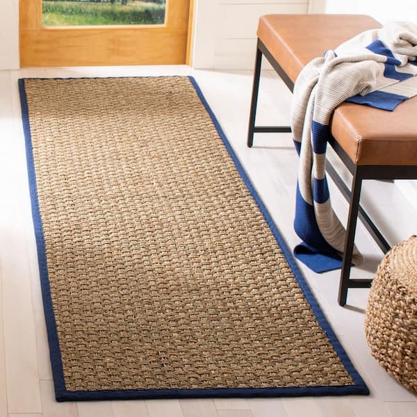 Natural Fiber Beige/Blue 3 ft. x 18 ft. Border Woven Runner Rug