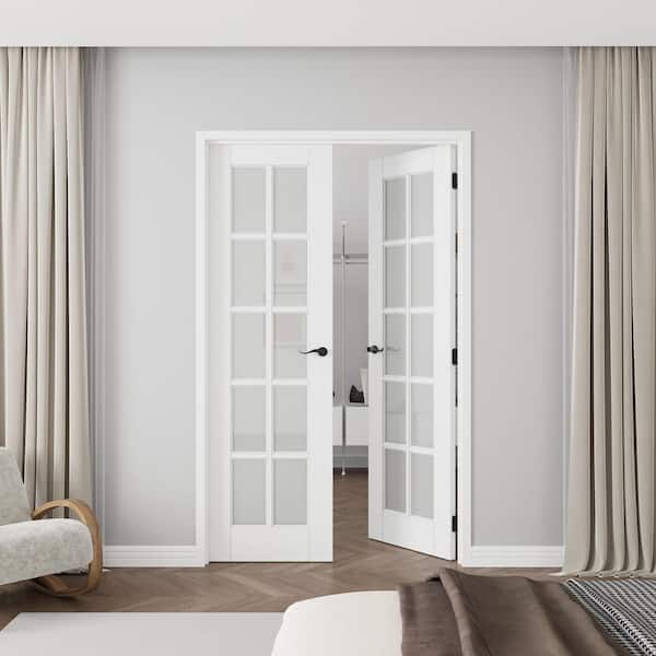 48 in. x 80 in. 10-Lite Frosted Glass Universal White Solid Core Glass Double Prehung French Door+ Quick Assemble Jamb