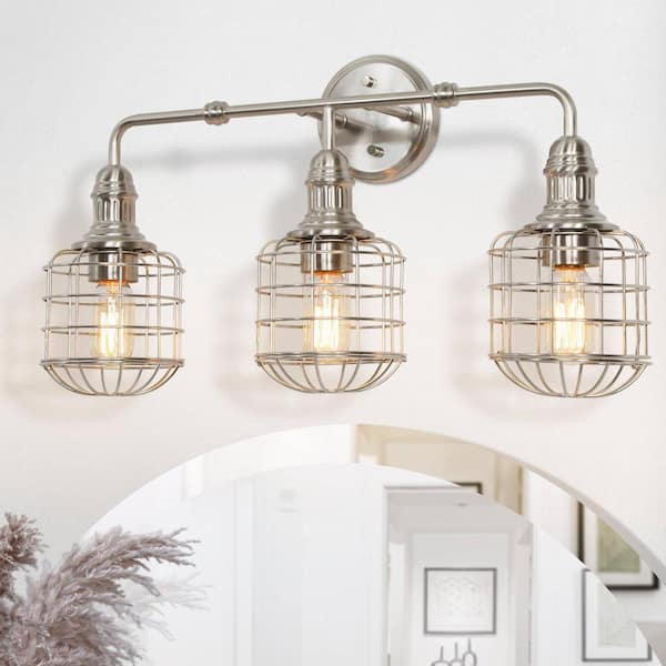 LNC 24 in. Coastal Cottage 3-Light Nickel Cage Vanity Light Nautical Modern Industrial Bathroom Powder Room Wall Sconce