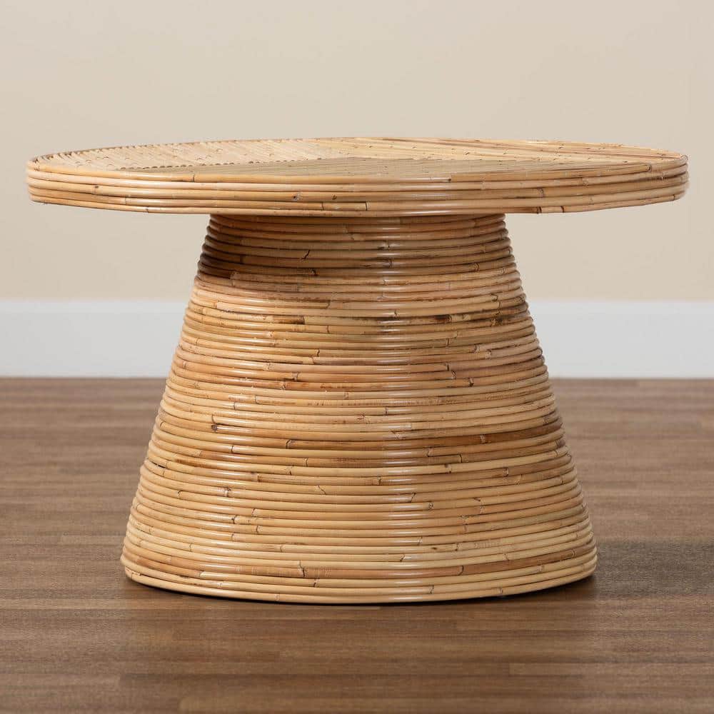 Bella 28 in. Natural Round Rattan and Mahogany Wood Coffee Table