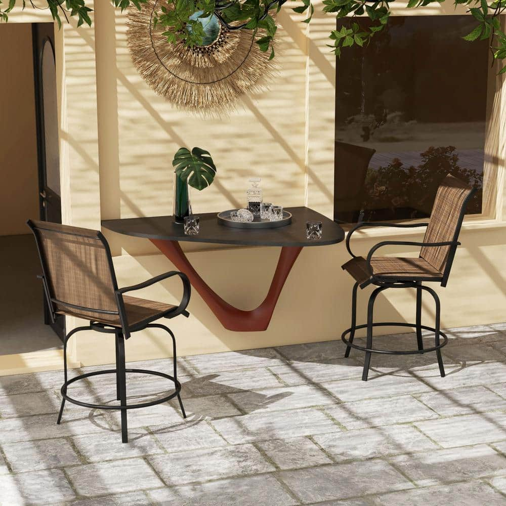 Tan Metal Outdoor Bar Stool with Armrests, 360° Swivel Patio Chairs with Mesh Fabric Steel Frame Dining Chairs (2-Pack)