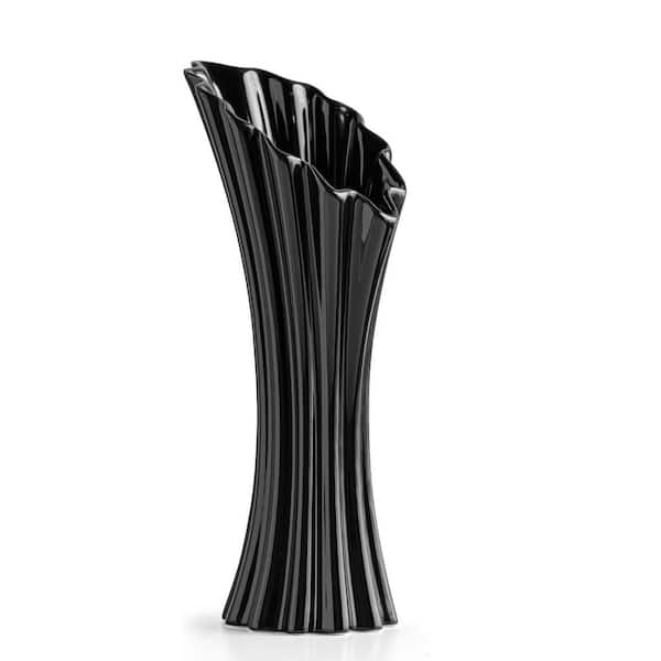 Unbranded Modern Black Ceramic Flower Vases for Home Decor 8.5 in., Trumpet Art Wrinkles Decorative Vase for Living Room Bedroom