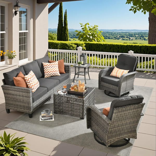 Caodoc Audrey Gray 5-Piece Wicker Outdoor Patio Modern Conversation Sofa Seating Set with Rocking Chair,Black Cushion and Table