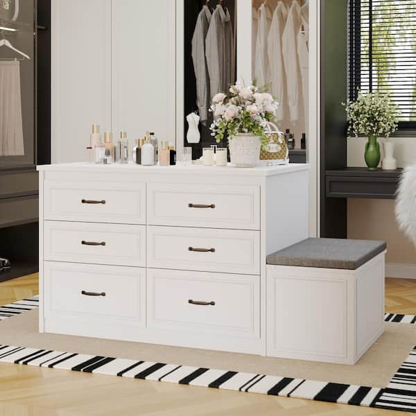 Kingdely White 12-Drawer 61.9 in. Dresser with Flip-Top Storage Bench, Gray Cushion, and Large Capacity for Closet Organization J-KF330162-01ab