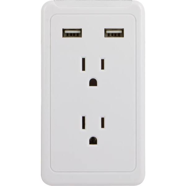 GE 2-Outlet and 2-USB Port 2.1 Amp Tap, White