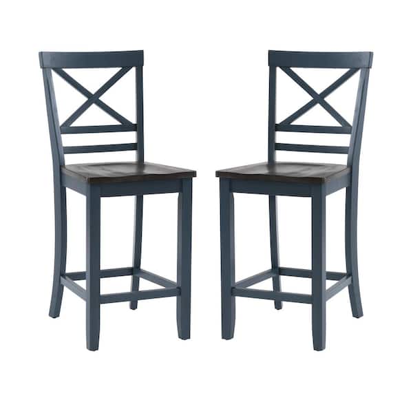 Linon Home Decor Lorelai 24.25 in. Blue Full Back Wood Counter Non-Upholstered Stool with Wood Seat (Set of 2)