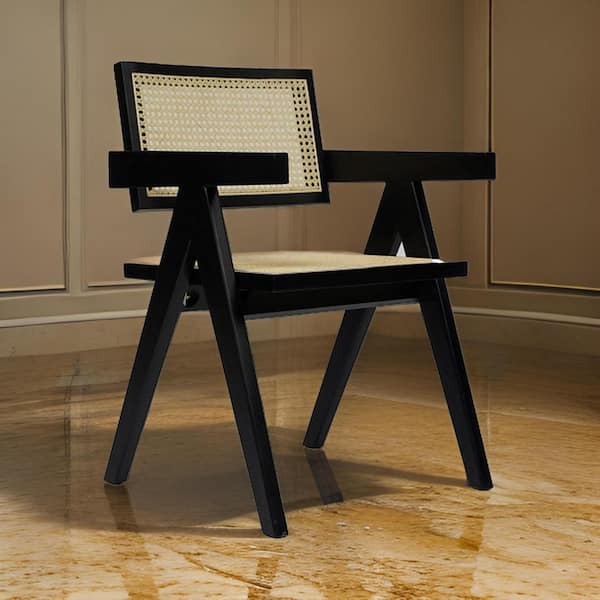 Benjara Black Wenge Finish Retro Dining Chair with Woven Rattan Back