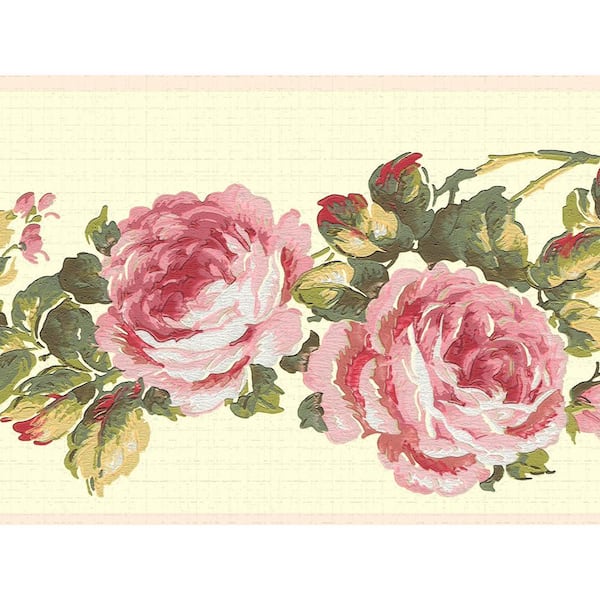 Dundee Deco Falkirk Dandy II Pink Green Cream Flowers Floral Peel and Stick Wallpaper Border