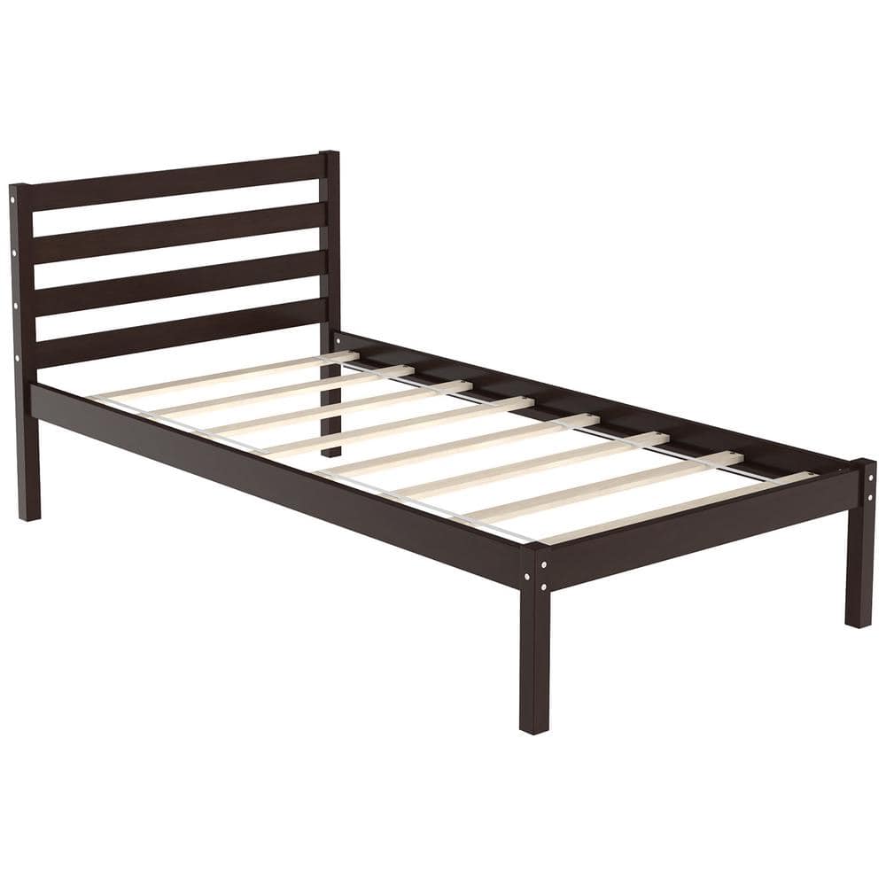 Costway Brown Twin Size Wood Platform Bed Frame with Headboard Slat Support Mattress