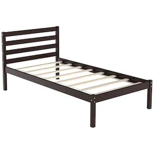 Brown Twin Size Wood Platform Bed Frame with Headboard Slat Support Mattress