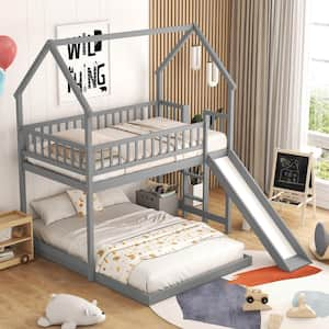 L-Shaped Gray Twin over Full Wood House Bunk Bed with Built-in Ladder and Slide