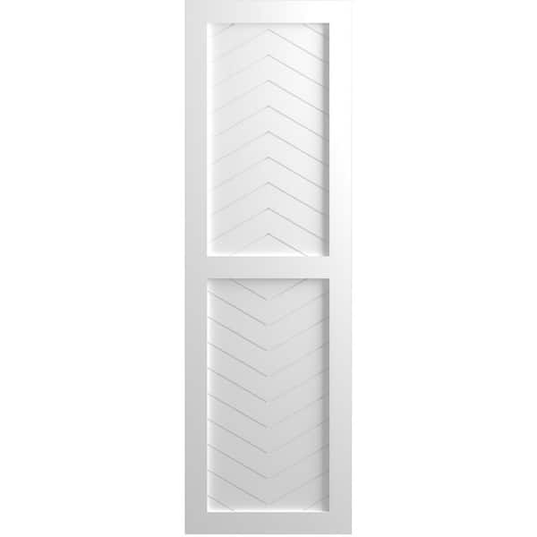 Ekena Millwork 12 in. x 25 in. Flat Panel True Fit PVC Two Panel Chevron Modern Style Fixed Mount Shutters Pair in White