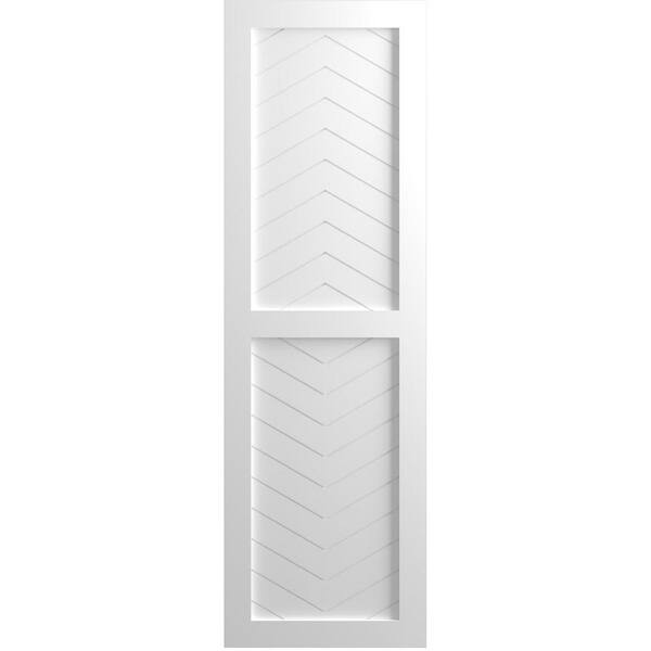 Ekena Millwork True Fit 12 in. x 58 in. Flat Panel PVC Two Panel Chevron Modern Style Fixed Mount Shutters Pair in White