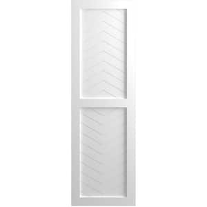 12 in. x 63 in. PVC True Fit Two Panel Chevron Modern Style Fixed Mount Flat Panel Shutters Pair in White