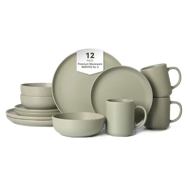 12-Piece Stoneware Dinnerware Set with Mugs (3-Person Use) in Green