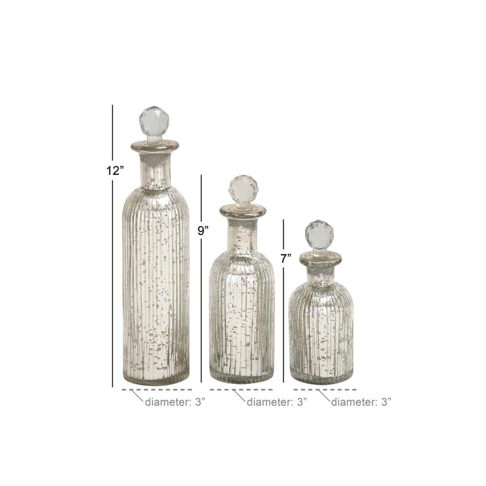 Set of Three Silver Ridged Glass Decorative Bottles with Crystal Stoppers