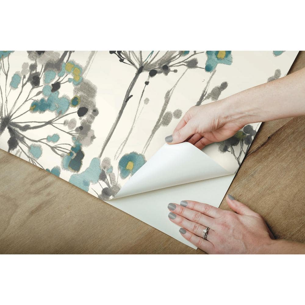 Turquoise and Gray Floral Peel and Stick Wallpaper