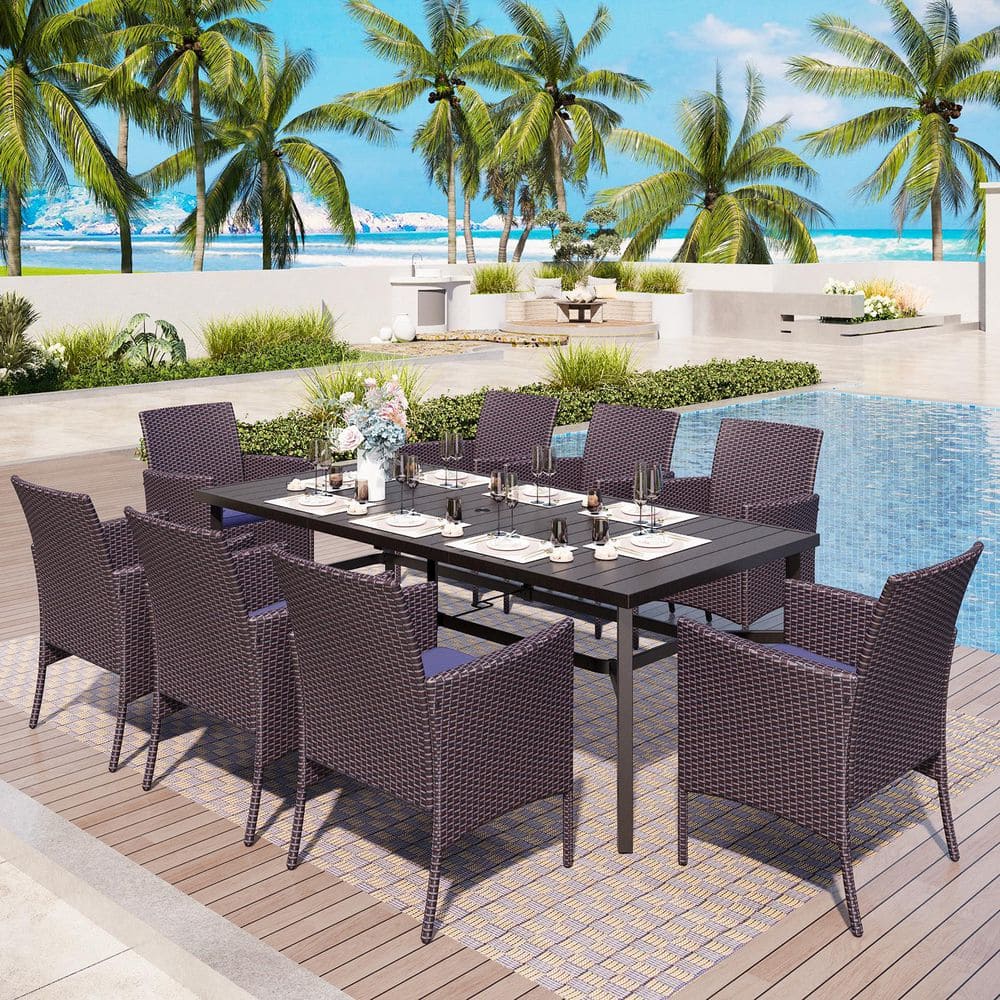 Black 9-Piece Metal Patio Outdoor Dining Set with Extra-large Rectangle Table and Rattan Chairs with Blue Cushion price history on PriceWatchPro
