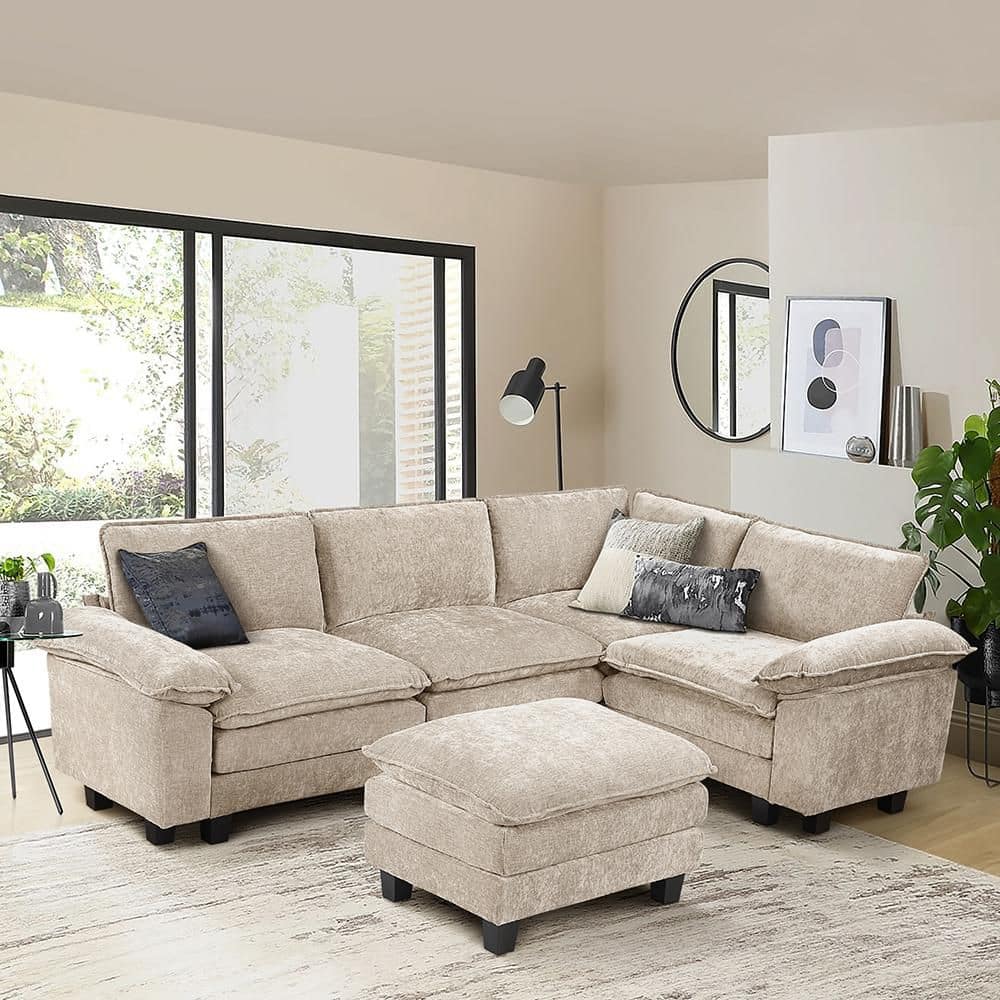 Bennett 110.5 in. W Pillow Top Arm 5-Piece Chenille Modular Sectional Sofa with Ottoman in Taupe price history on PriceWatchPro