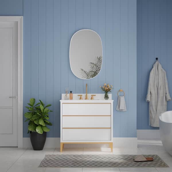 BELLA 24 in. W x 36 in. H Oval Anodized Aluminum Framed Wall-Mounted Bathroom Vanity Mirror in White