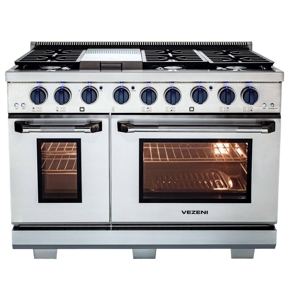 "Randolph Collection 48"" 7 Burners + Griddle Double Oven Gas Range in Stainless Steel with Blue Knobs" price history on PriceWatchPro