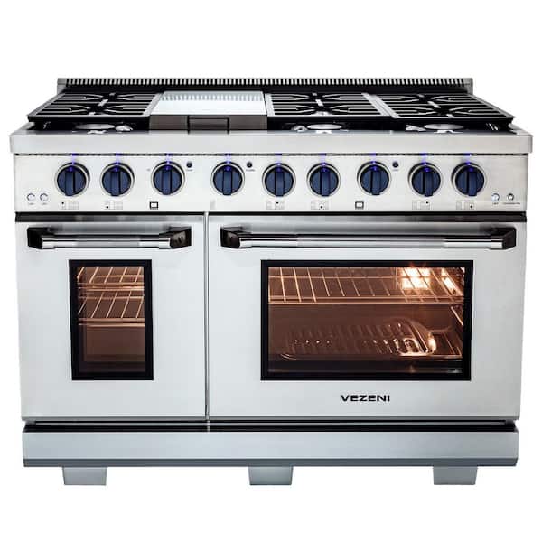 Randolph Collection 48" 7 Burners + Griddle Double Oven Gas Range in Stainless Steel with Blue Knobs