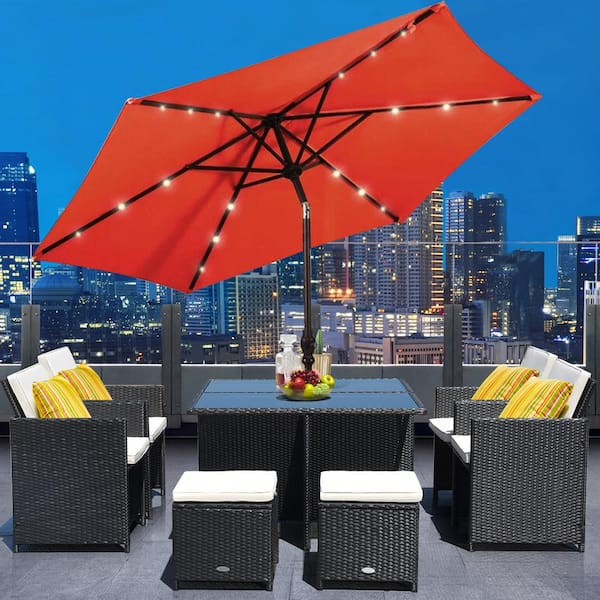 9 ft. Steel Market Solar Tilt Patio Umbrella with Crank and LED Lights in Orange