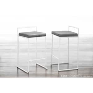 Fuji 27.75 in. Grey Faux Leather and White Metal Stackable Counter Stool (Set of 3)