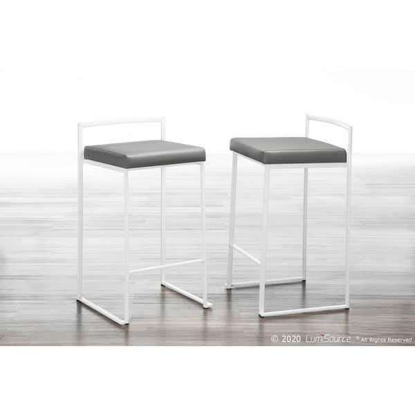Lumisource Fuji 27.75 in. Grey Faux Leather and White Metal Stackable Counter Stool (Set of 3)