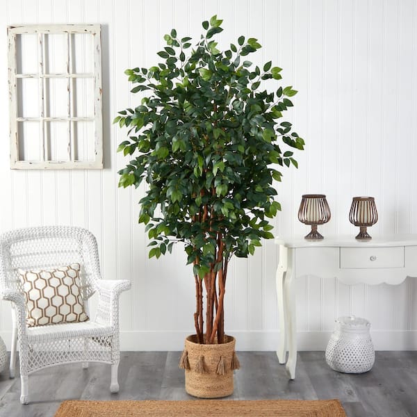 Nearly Natural 7 ft. Green Sakaki Artificial Tree in Handmade Natural Jute Planter with Tassels
