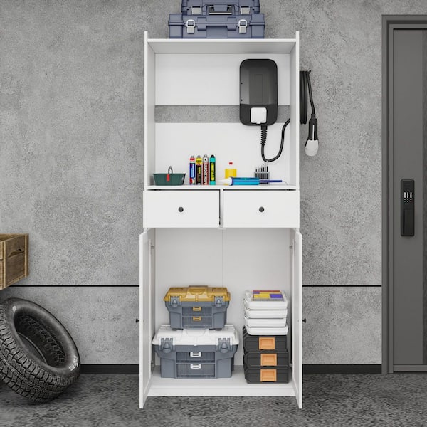 74.2 in. Tall White Wood 1-Shelf Standard Bookcase with Accent Storage Cabinet, Garage Cabinet, Display Cabinet