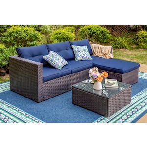 Black 3 Seat 3-Piece Rattan Wicker Steel Patio Outdoor Sectional Set and Coffee Table with Blue Cushions