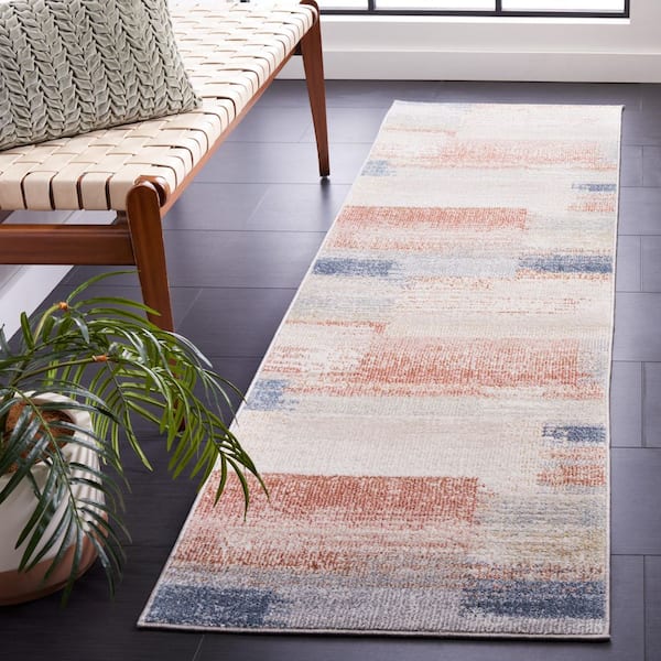 Blair Beige/Blue 2 ft. x 8 ft. Rust Machine Washable Geometric Distressed Runner Rug