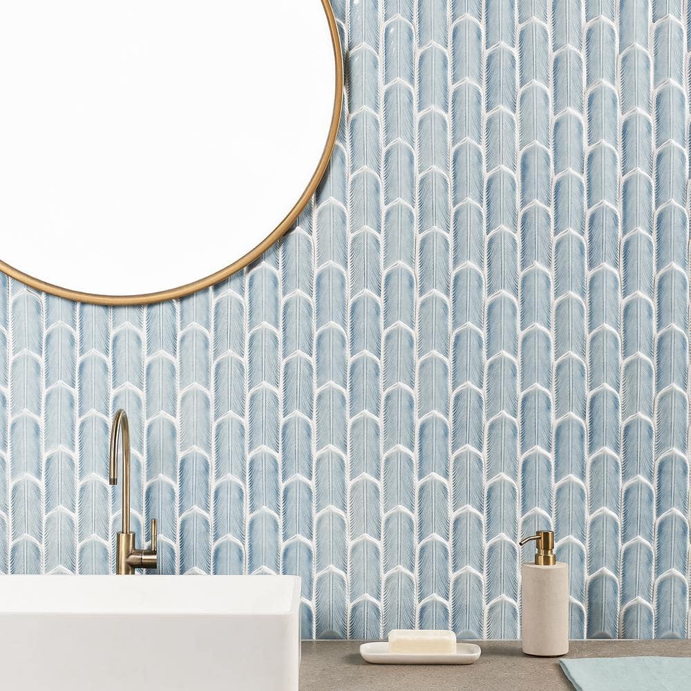 Sky Blue Feather Pattern Ceramic Mosaic Tile