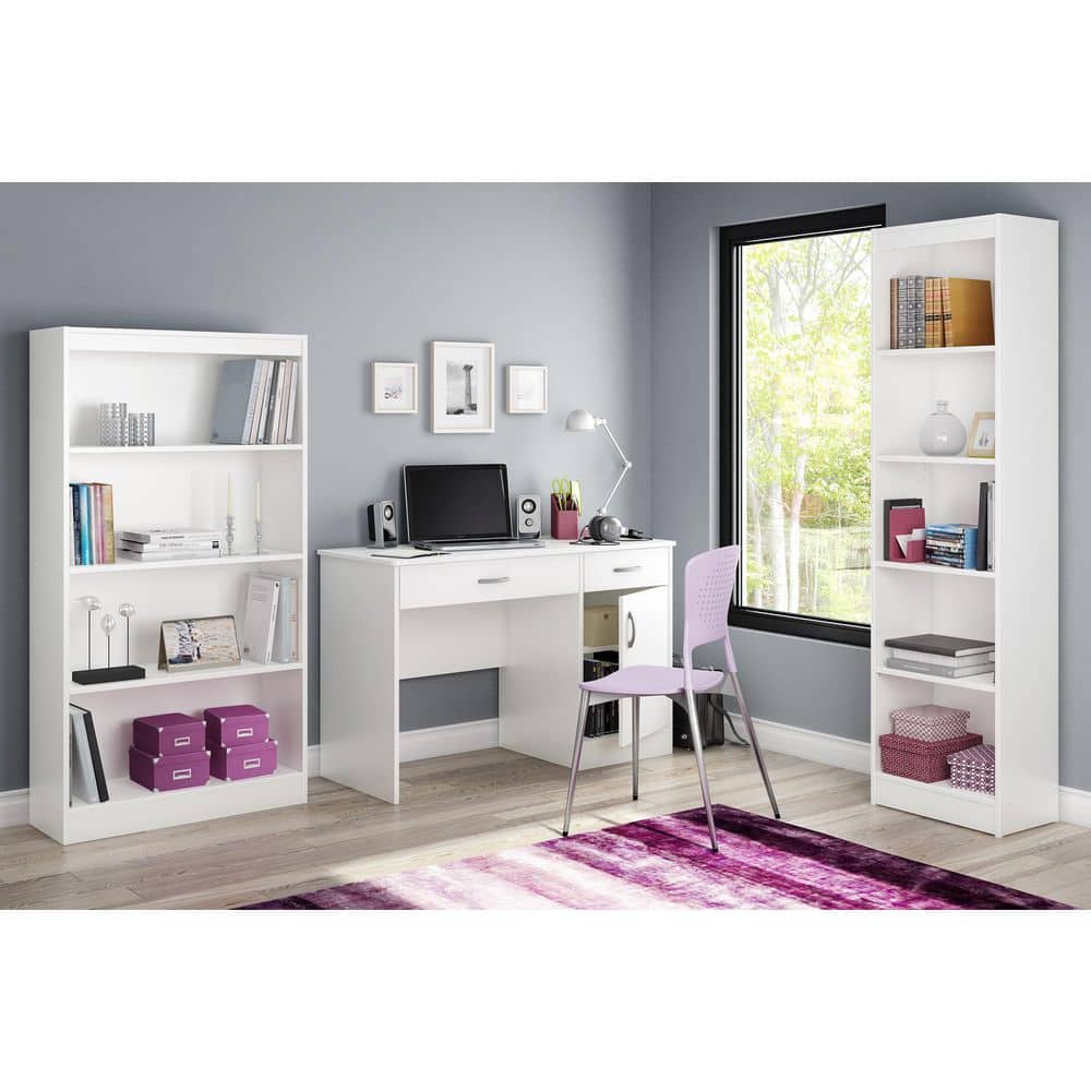 Pure White Wood Computer Desk with Drawer and Filing Cabinet
