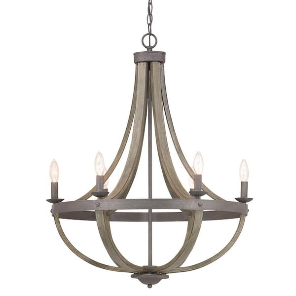 Home Decorators Collection Keowee 26 in. 6-Light Artisan Iron Farmhouse Cage Chandelier with Rustic Distressed Elm Wood Accents