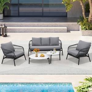 Black 5-Piece Metal Outdoor Sectional Set and Slab Table with Gray Cushions