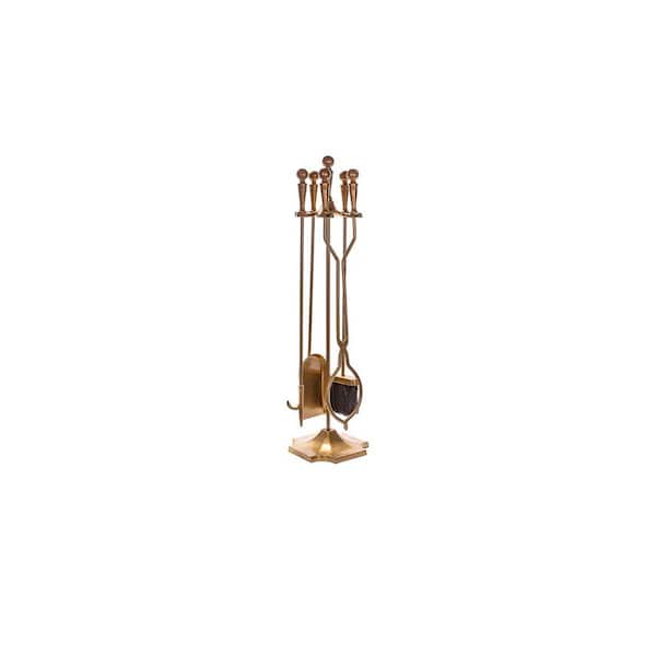 5-Piece Matte Gold Fireplace Tool Set with Ball Handles and Pedestal Base